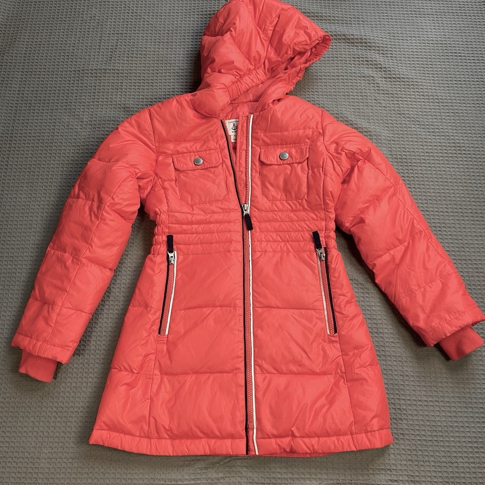 Lands End Squall Down Insulated Parka Coat Small 7-8 Girls Neon Coral